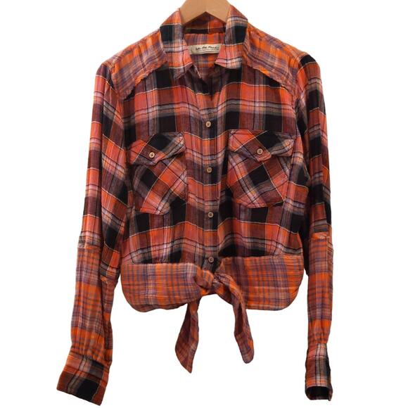 Free People We The Free Pink Orange Plaid Tie Front Western Shirt Medium - Picture 2 of 7